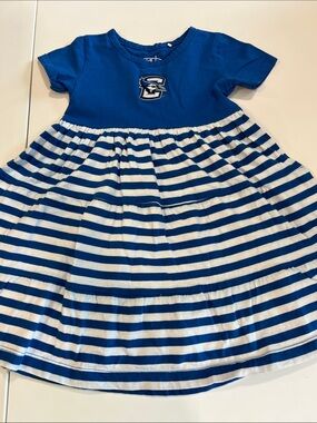 Creighton - Girls' Blue and White Striped Dress with Embroidered Blue Jay Logo